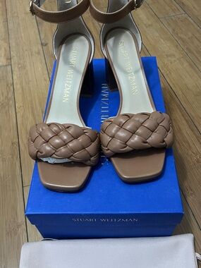 Stuart Weitzman Braided Brown Leather Block Heel Sandals